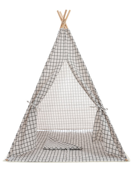 Tipi enfant intérieur écru carreaux gris 120x120x155 cm Brindora  - 2
