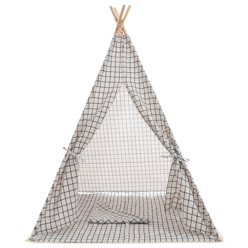 Tipi enfant intérieur écru carreaux gris 120x120x155 cm Brindora  - 2