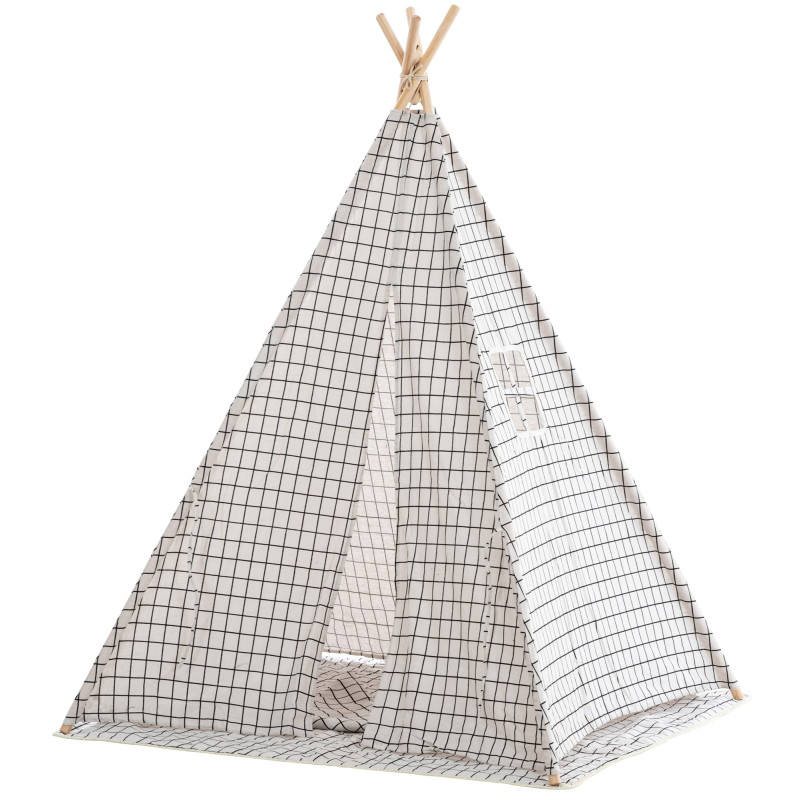 Tipi enfant intérieur écru carreaux gris 120x120x155 cm Brindora  - 3