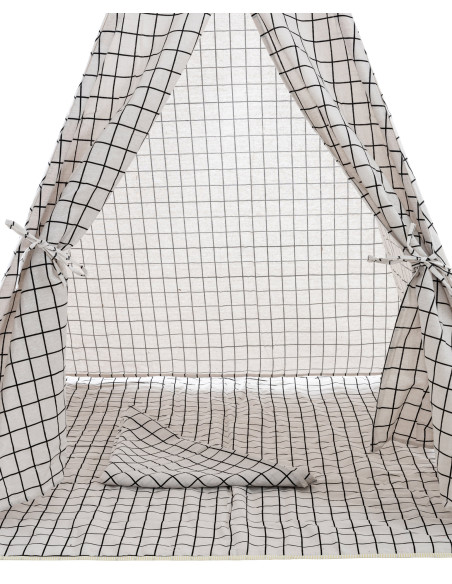 Tipi enfant intérieur écru carreaux gris 120x120x155 cm Brindora  - 4