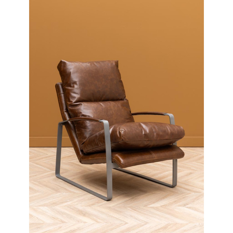 Fauteuil lounge cuir pleine fleur marron 63,5x106x76 cm Homy  - 2