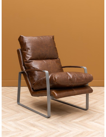 Fauteuil lounge cuir pleine fleur marron 63,5x106x76 cm Homy  - 2