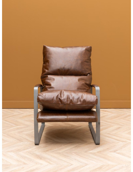 Fauteuil lounge cuir pleine fleur marron 63,5x106x76 cm Homy  - 3