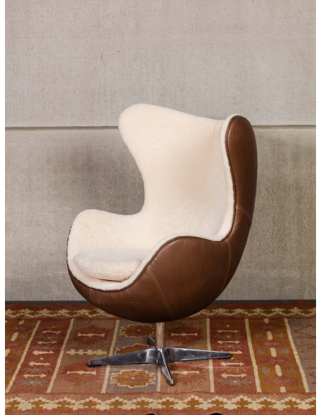 Fauteuil œuf cuir et peau de mouton Tenzing  - 5