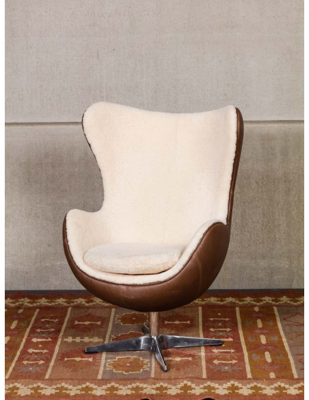 Fauteuil œuf cuir et peau de mouton Tenzing  - 3