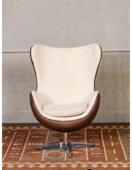 Fauteuil œuf cuir et peau de mouton Tenzing  - 4
