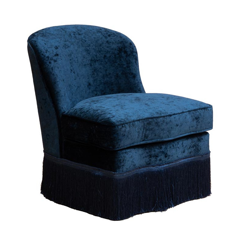 Fauteuil crapaud effet velours bleu nuit à franges Costanza  - 1