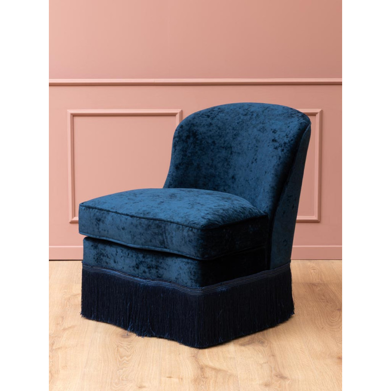Fauteuil crapaud effet velours bleu nuit à franges Costanza  - 3