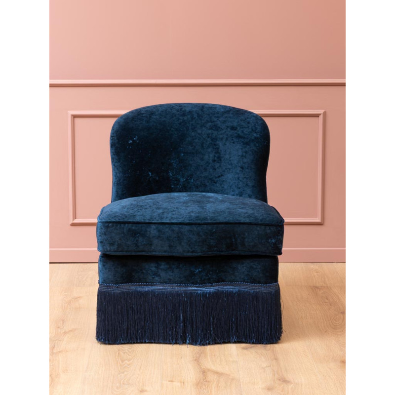 Fauteuil crapaud effet velours bleu nuit à franges Costanza  - 4