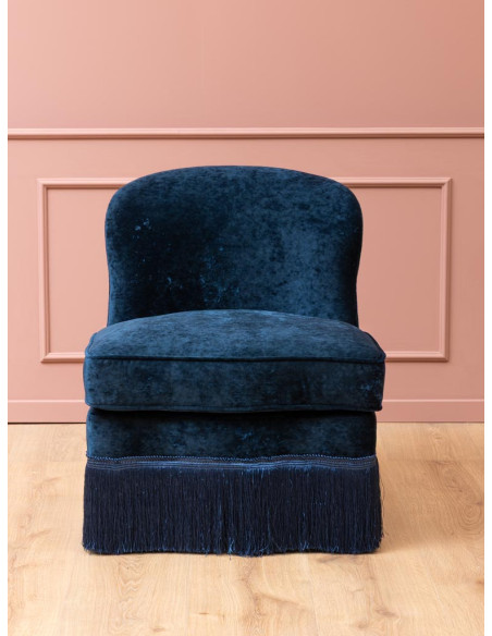 Fauteuil crapaud effet velours bleu nuit à franges Costanza  - 4