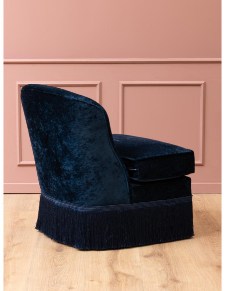 Fauteuil crapaud effet velours bleu nuit à franges Costanza  - 6
