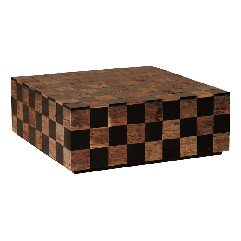 Table basse carrée damier bois recyclé marbre noir 90x90x33 cm Kadrie  - 1