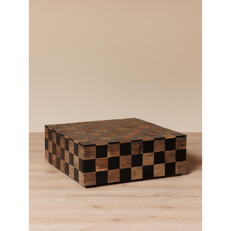 Table basse carrée damier bois recyclé marbre noir 90x90x33 cm Kadrie  - 3