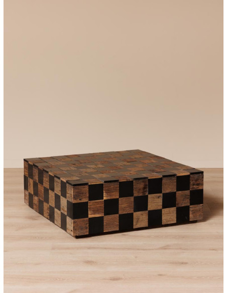 Table basse carrée damier bois recyclé marbre noir 90x90x33 cm Kadrie  - 3