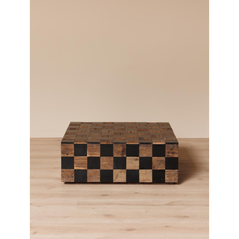 Table basse carrée damier bois recyclé marbre noir 90x90x33 cm Kadrie  - 4