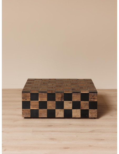 Table basse carrée damier bois recyclé marbre noir 90x90x33 cm Kadrie  - 4