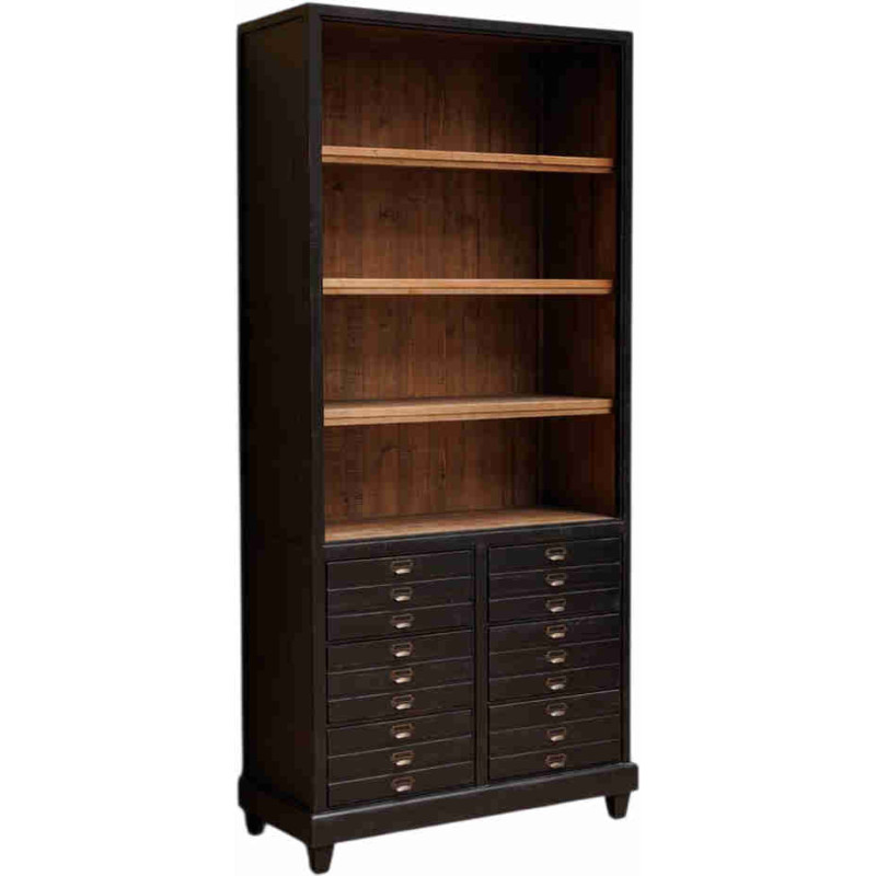 Bibliothèque bois noirci avec 6 tiroirs 100x45x200 cm Voltaire  - 1