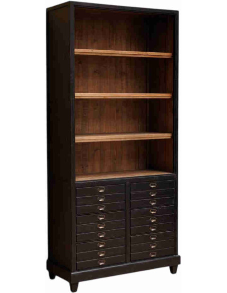 Bibliothèque bois noirci avec 6 tiroirs 100x45x200 cm Voltaire  - 1