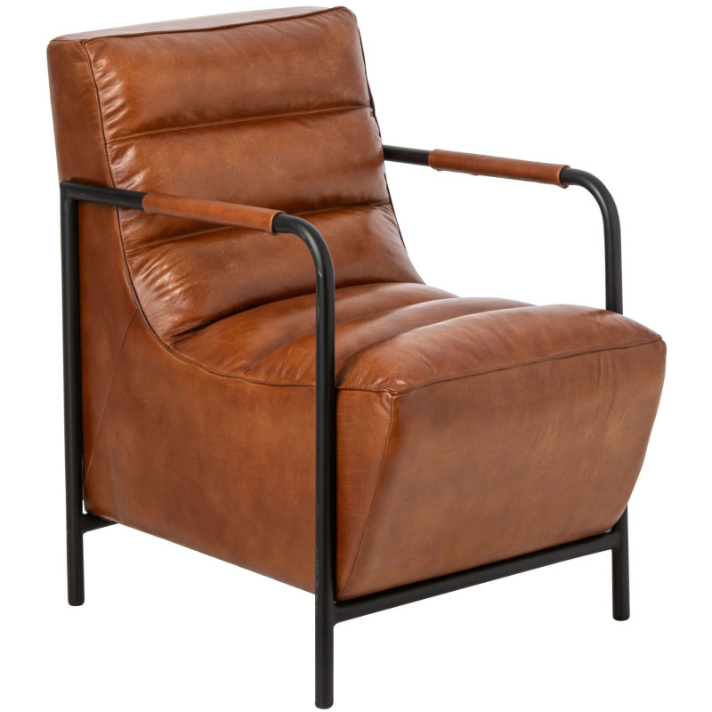 Fauteuil lounge cuir camel et métal noir 83x60x80 cm Ubrique J-Line - 1