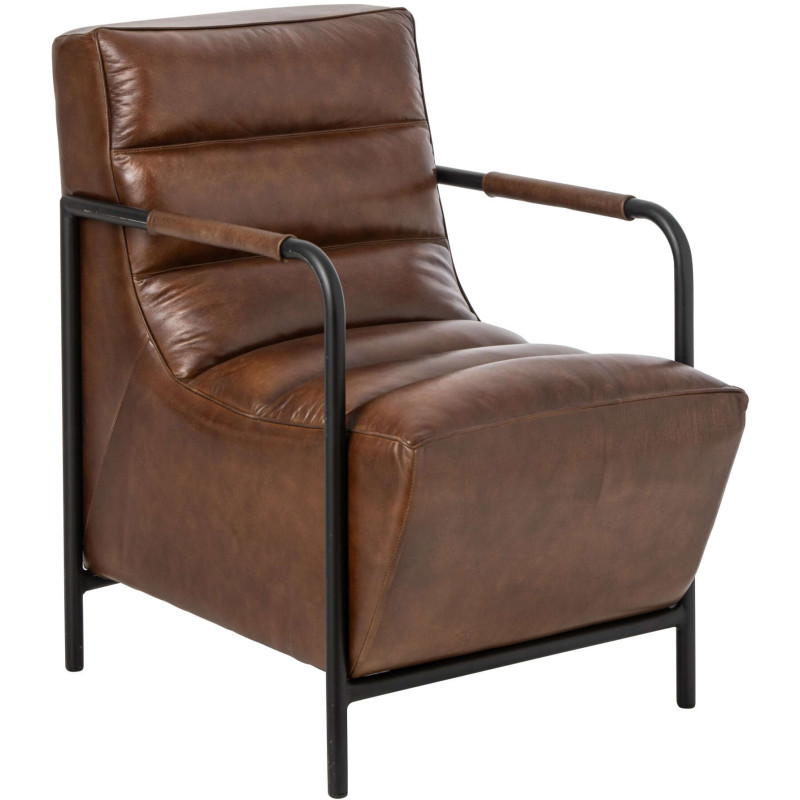 Fauteuil lounge cuir marron et métal noir 83x60x80 cm Ubrique J-Line - 1