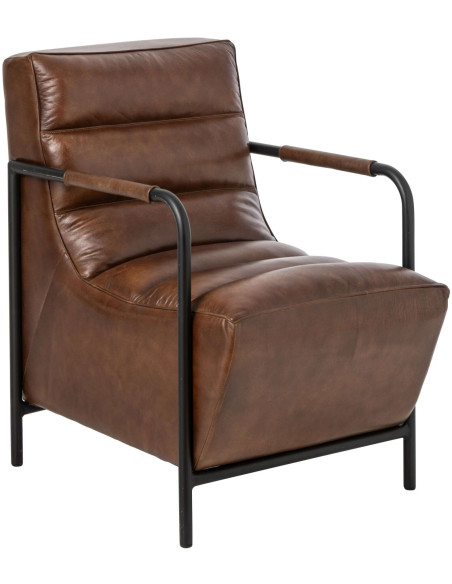 Fauteuil lounge cuir marron et métal noir 83x60x80 cm Ubrique J-Line - 1