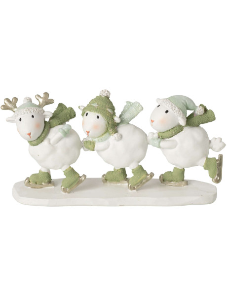 Figurine moutons patineurs de Noël polyrésine blanc vert 17,5x5x8,5 cm Nivalka J-Line - 1