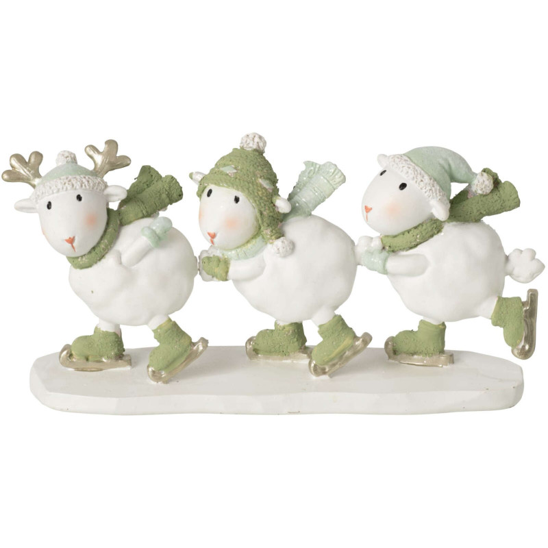 Figurine moutons patineurs de Noël polyrésine blanc vert 17,5x5x8,5 cm Nivalka J-Line - 1
