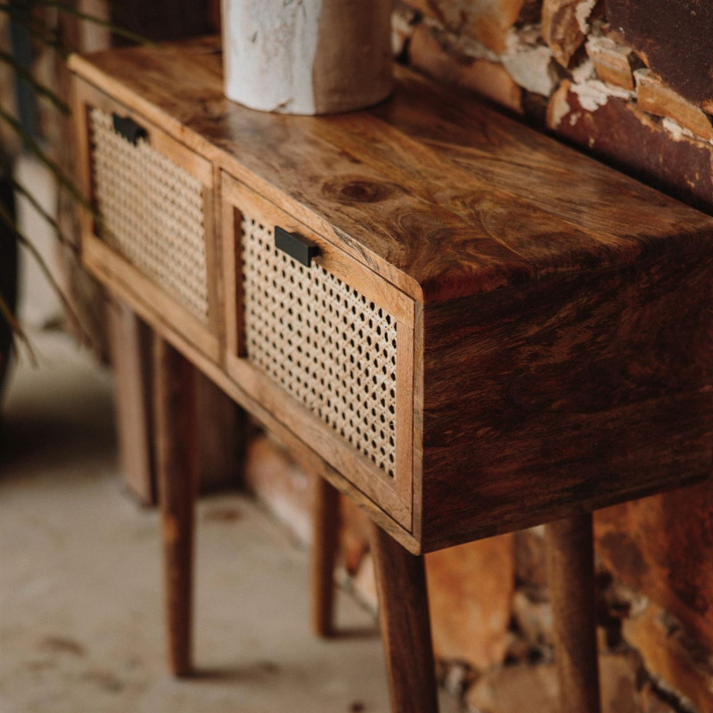 Console d’entrée bois et cannage 2 tiroirs 82x30x78 cm Miyada  - 6
