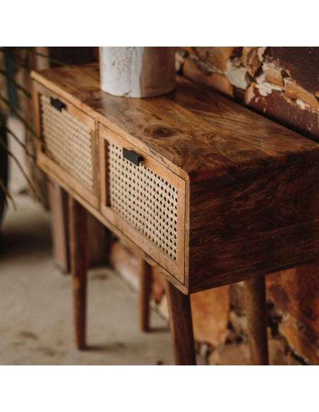 Console d’entrée bois et cannage 2 tiroirs 82x30x78 cm Miyada  - 6