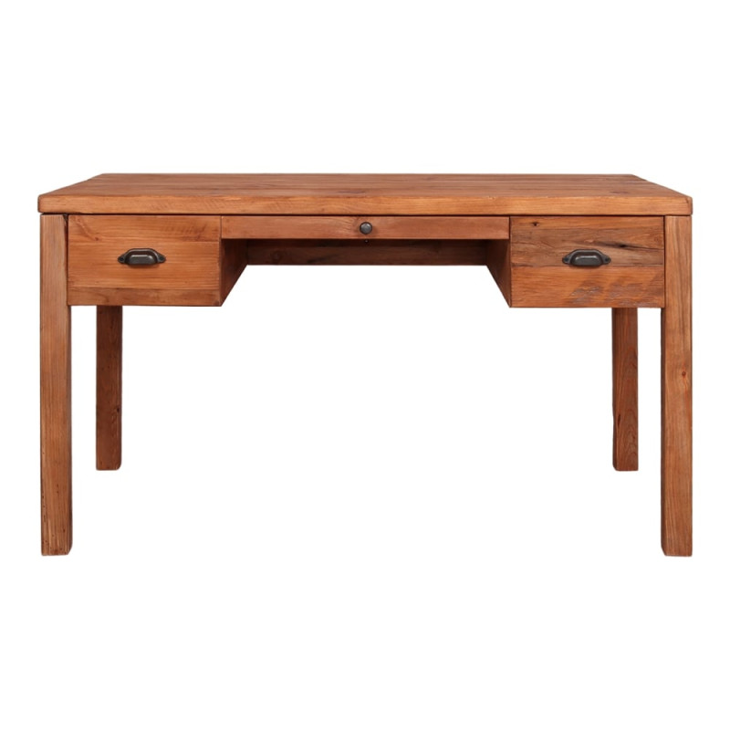 Bureau en pin massif recyclé 3 tiroirs 130x65x80 cm Uruena  - 3