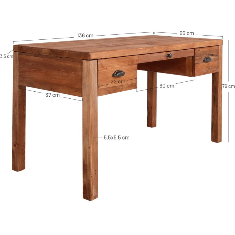 Bureau en pin massif recyclé 3 tiroirs 130x65x80 cm Uruena  - 6