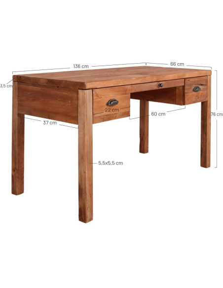 Bureau en pin massif recyclé 3 tiroirs 130x65x80 cm Uruena  - 6