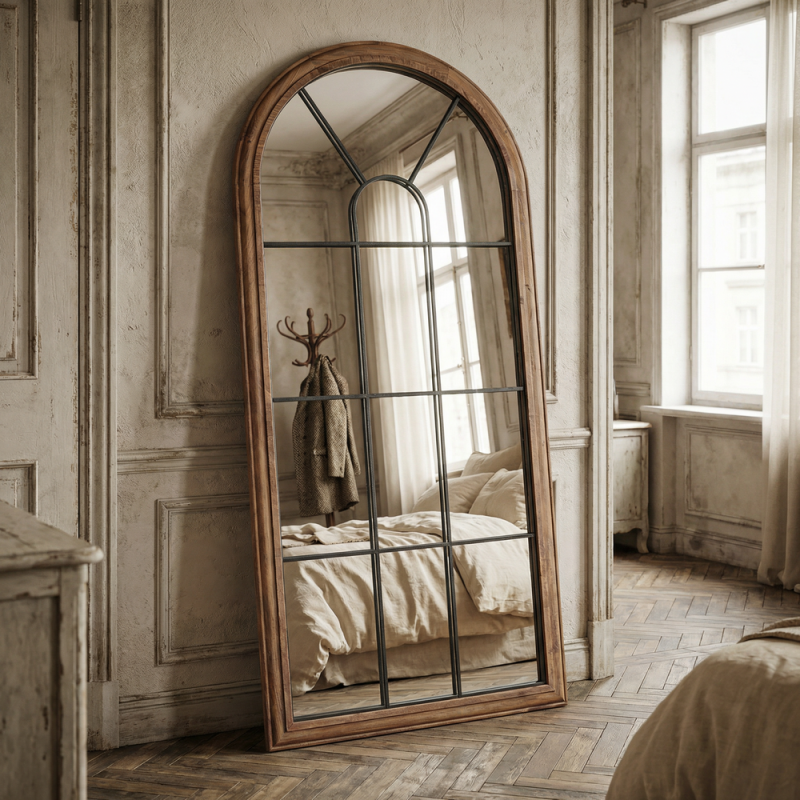 Grand miroir verrière arche en bois récupéré brun naturel 83x3x183 cm Arovenza  - 7