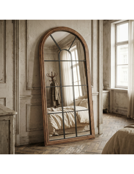 Grand miroir verrière arche en bois récupéré brun naturel 83x3x183 cm Arovenza  - 7