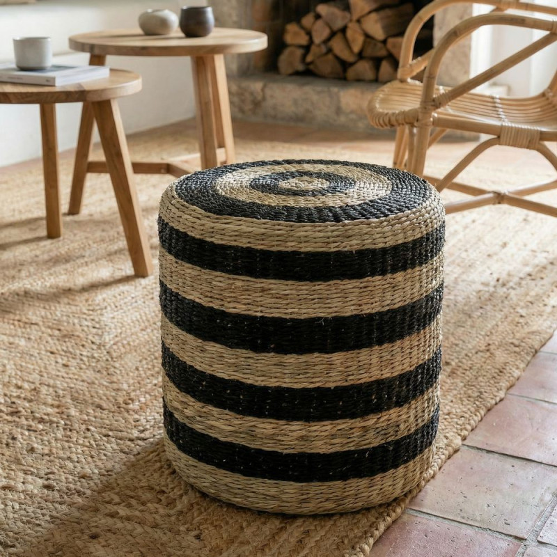 Pouf rond en jute naturel et noir Ø40x40 cm Jorvalis  - 2