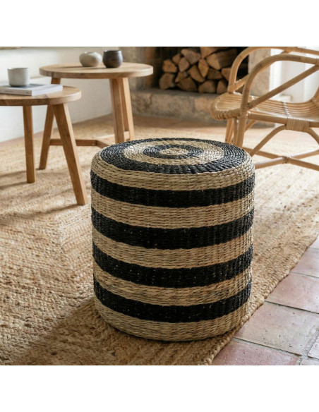 Pouf rond en jute naturel et noir Ø40x40 cm Jorvalis  - 2