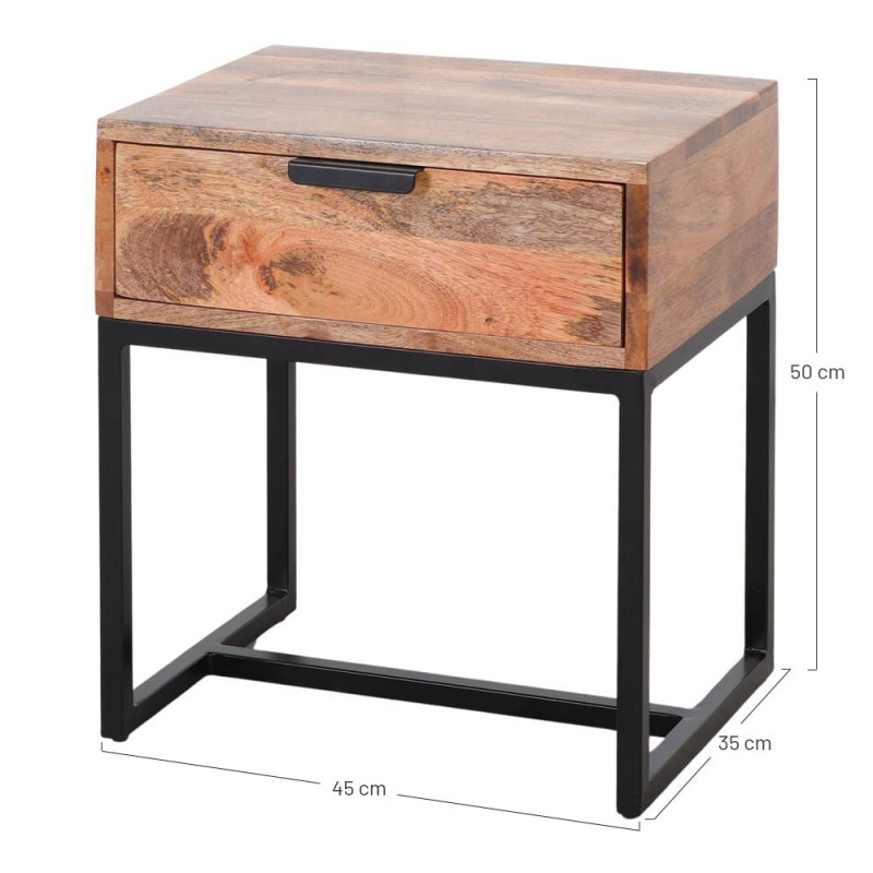 Table de chevet 1 tiroir bois de manguier métal noir 45x35x50 cm Oryndal  - 6