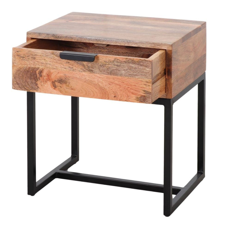 Table de chevet 1 tiroir bois de manguier métal noir 45x35x50 cm Oryndal  - 3