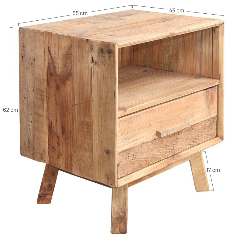 Table de chevet pin massif recyclé 1 tiroir 55x45x62 cm Talyren  - 6