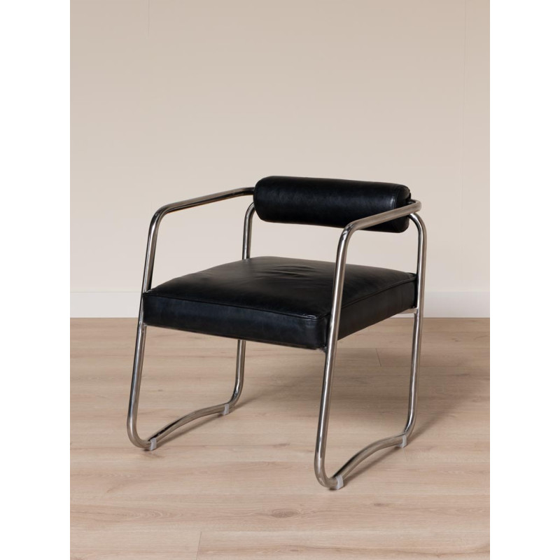 Fauteuil design cuir noir acier chromé 61x62x71 cm Tubica  - 3