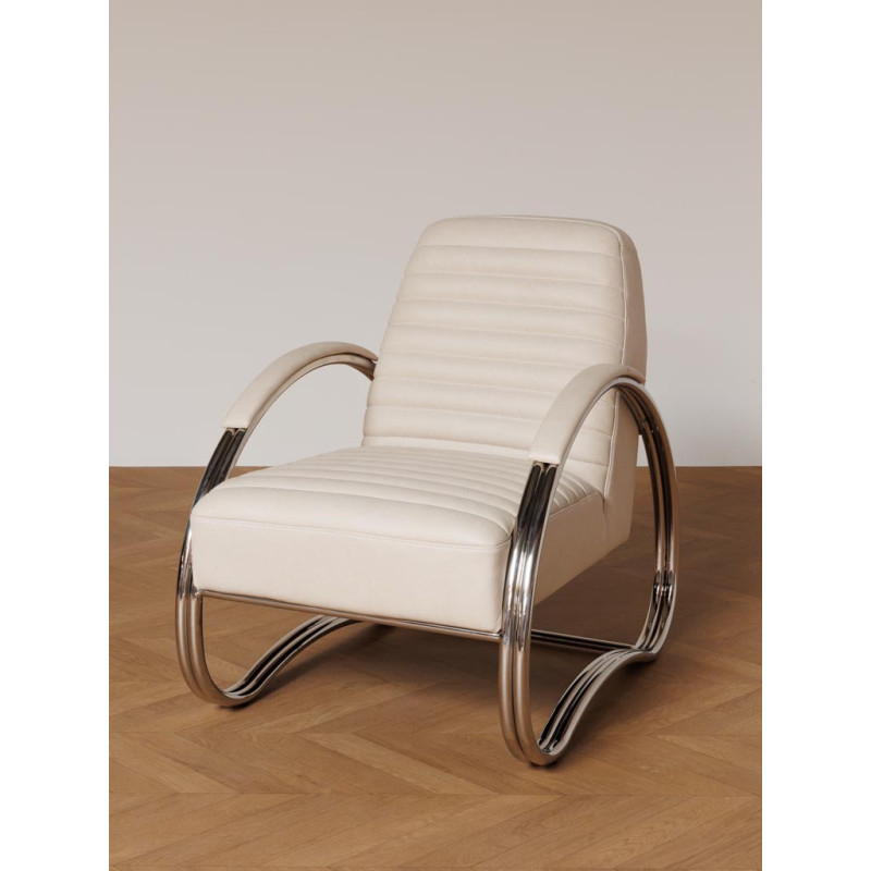 Fauteuil lounge cuir beige acier chromé 66x86x80 cm Harvey  - 2