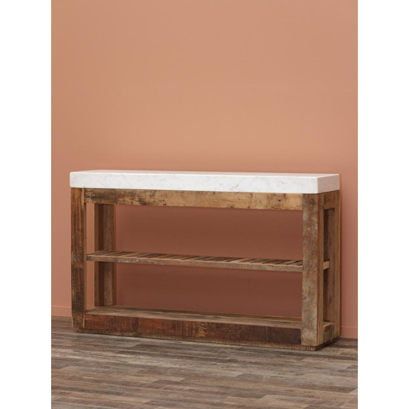 Console bois recyclé marbre blanc 132x31x81,5 cm Greta  - 4
