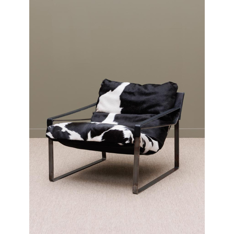 Fauteuil lounge peau de vache noir blanc Montaine  - 3