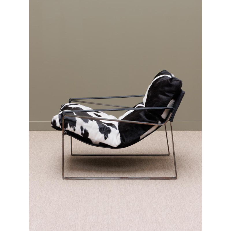 Fauteuil lounge peau de vache noir blanc Montaine  - 4
