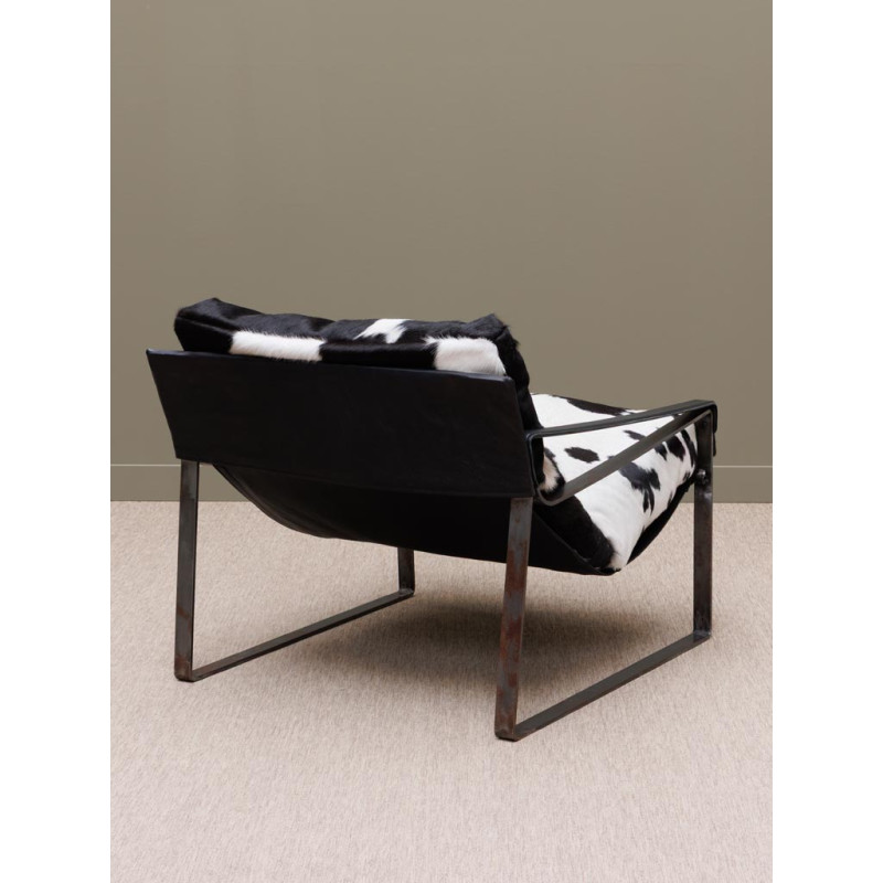 Fauteuil lounge peau de vache noir blanc Montaine  - 5