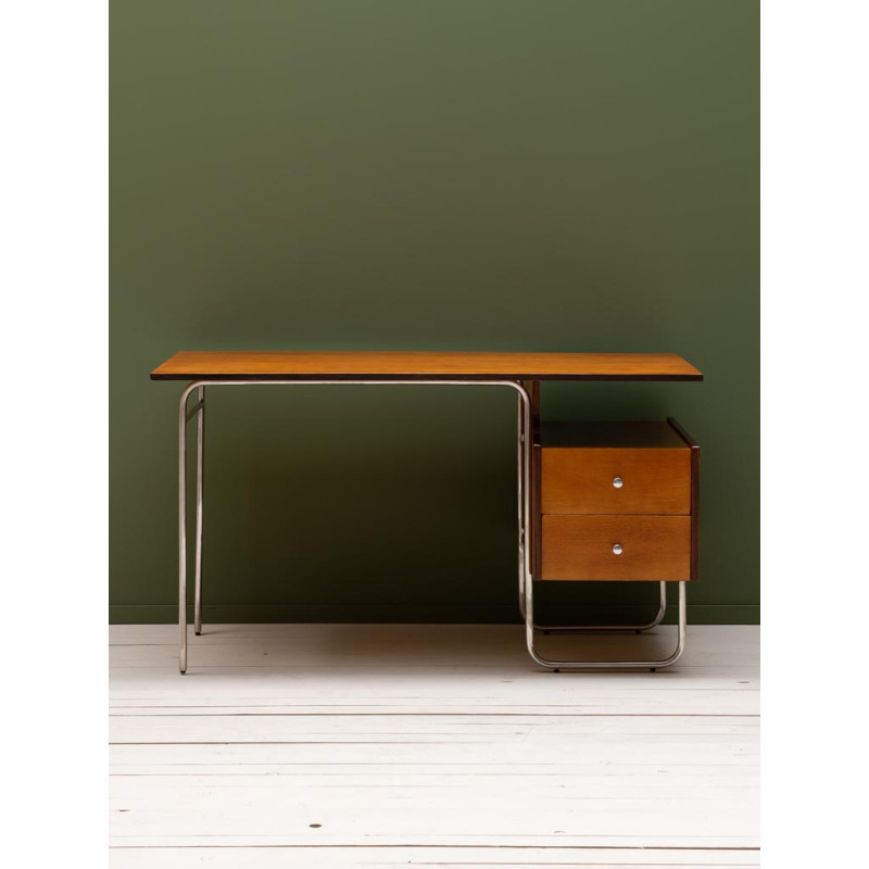 Bureau vintage 2 tiroirs bouleau et chrome 132,5x66,5x74 cm Maurice  - 3