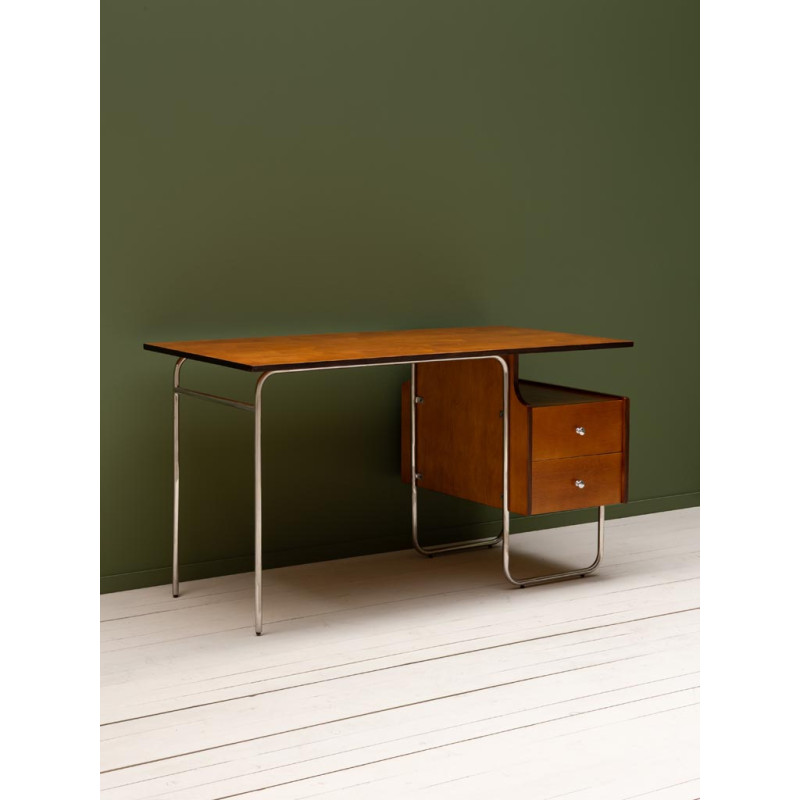Bureau vintage 2 tiroirs bouleau et chrome 132,5x66,5x74 cm Maurice  - 4