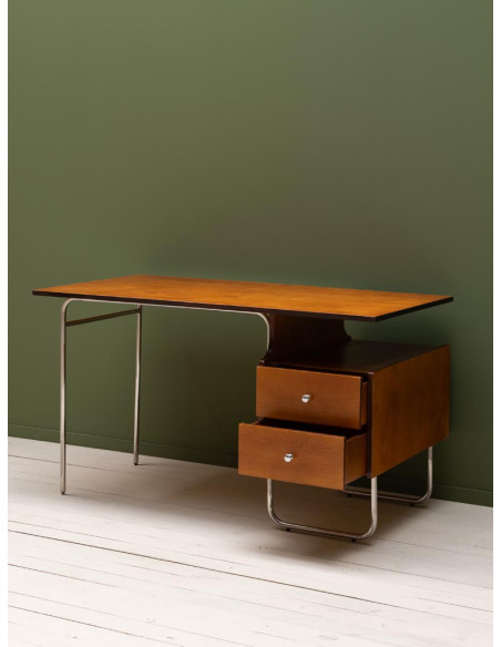 Bureau vintage 2 tiroirs bouleau et chrome 132,5x66,5x74 cm Maurice  - 6