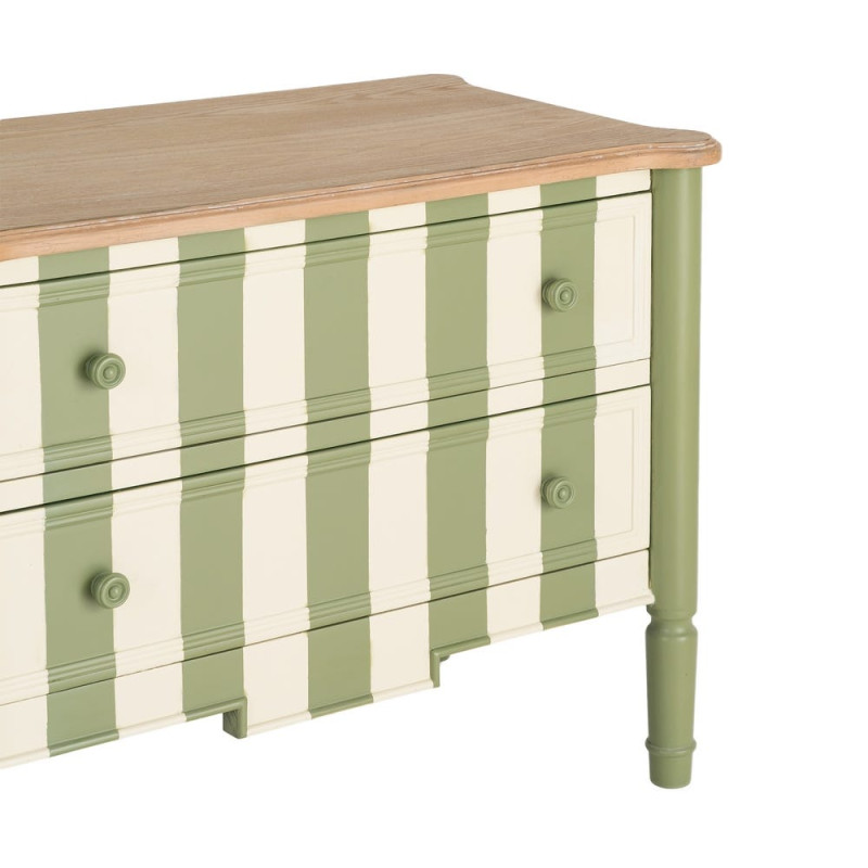 Commode 2 tiroirs bois rayée vert crème 80x45x60 cm Sarnelle Ixia - 2
