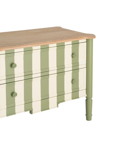 Commode 2 tiroirs bois rayée vert crème 80x45x60 cm Sarnelle Ixia - 2
